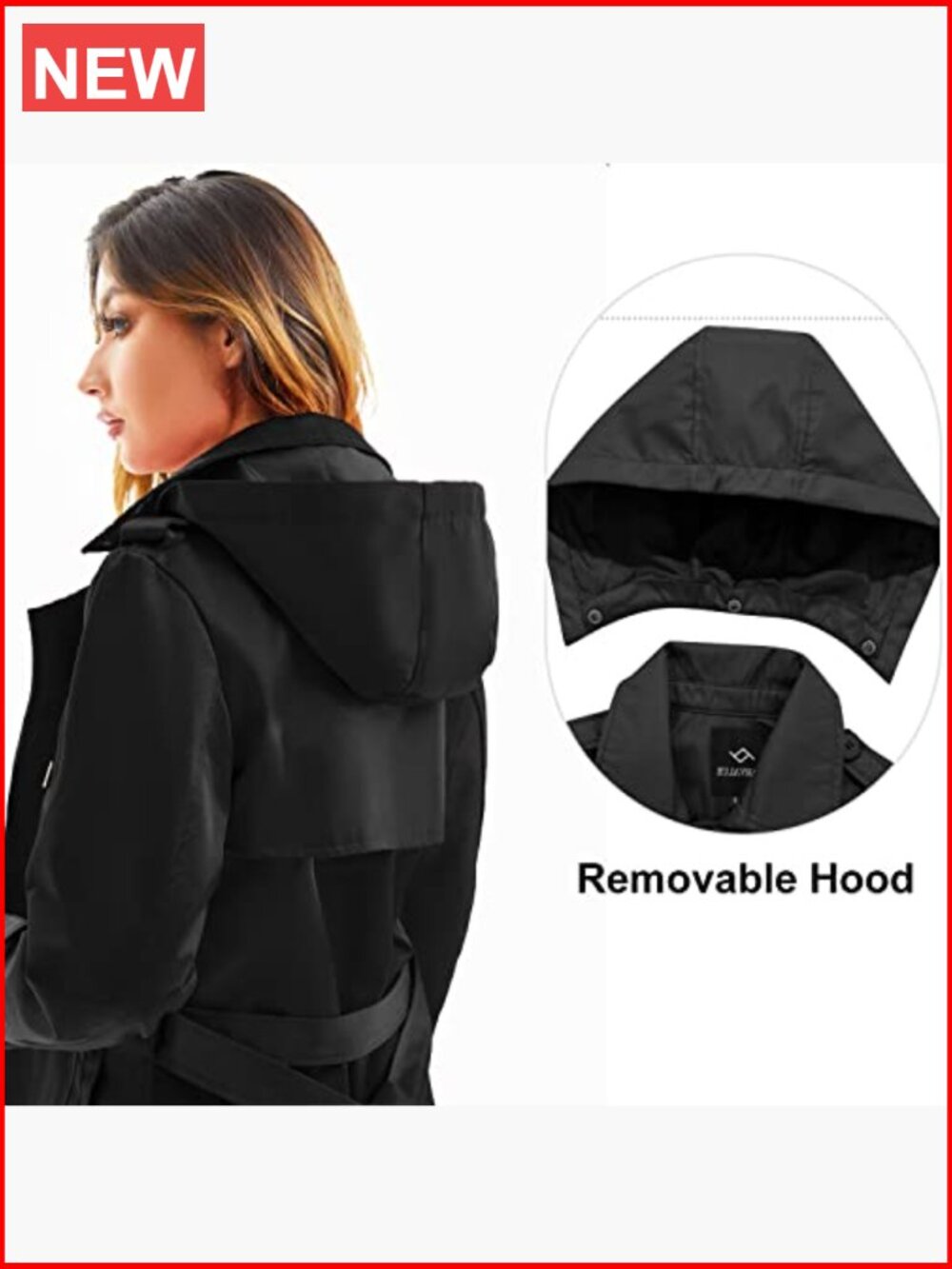 Waterproof Long Trench Coat Double Breasted Windbreaker Detachable Hood - Picture 4 of 7